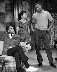 Ruby Dee in 1959 with Sidney Poitier and Louis Gossett Jr. in "A Raisin in the Sun." (Public Domain) 