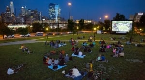 Film fans have a view of the Philadelphia skyline as they watch on outdoor movie. (Photo: The Awesome Fest)