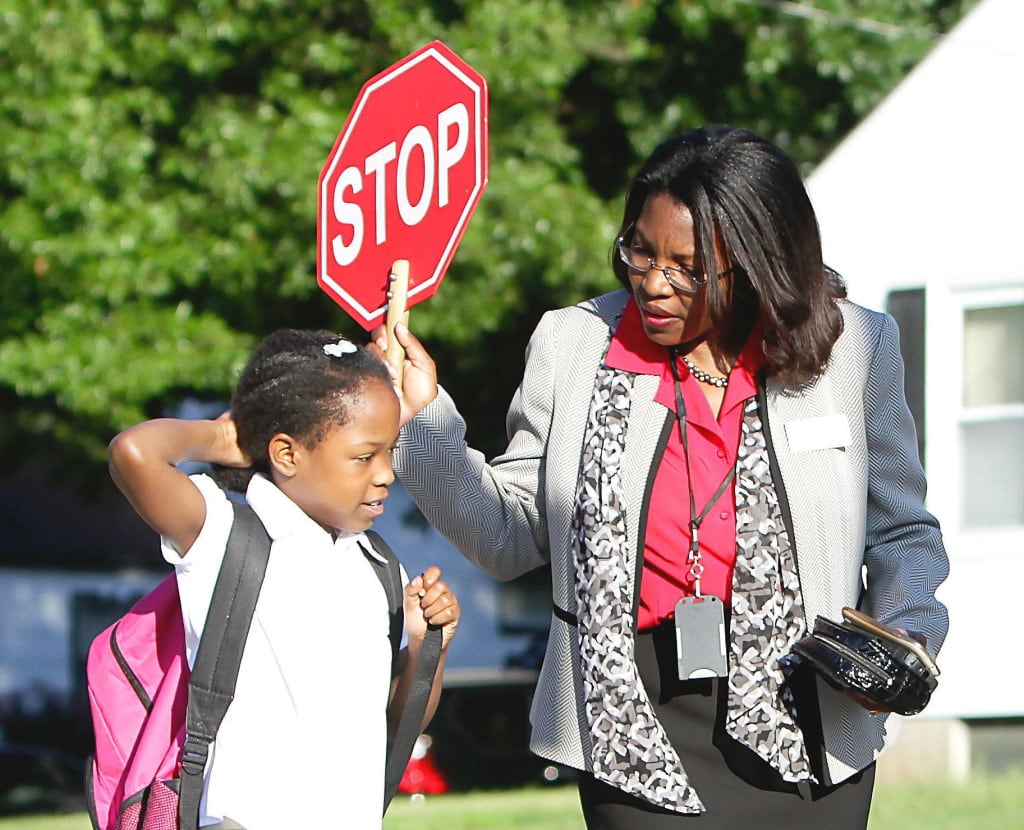 Superintendent Tiffany Anderson serves as a crossing guard before and after school. (Photo: Jennings School Distict)